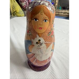 Vintage Wooden Matryoshka Nesting Dolls with Cats set of 10